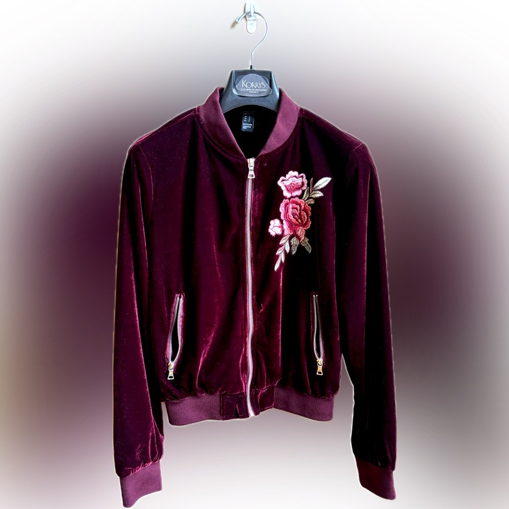 🥀Claret Velour Embroidered Bomber Jacket
